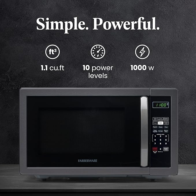 Farberware 1.1 Cu. Ft. Countertop Microwave Oven – 1000 Watts Power, Auto Cook Settings, Defrost, Easy Clean and Child Safety Lock - Stainless and Black
