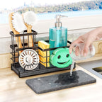 SWTYMIKI Kitchen Sink Caddy Organizer, Quick Dry Smiley Face Sponge Holder with Instant Drying Stone, Large Rustproof Sink Organizer for Kitchen Countertop Organization, Black
