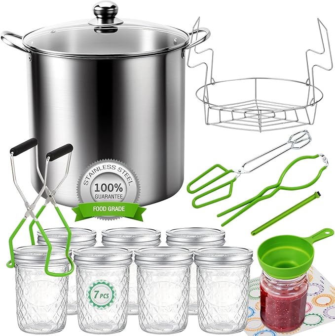 Canning Pot Water Bath Canner with Rack and Mason Jars, 20 Quart Stainless Steel Stock Pots, Canning Supplies Starter Kit Beginners Tools Set, Jar Lifter Tongs and Pickling Kit Accessories