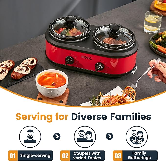 KOOC Double Small Slow Cooker, Buffet Server and Warmer, 2 Mini Pots with 3 Individual Adjustable Temp, Dual Ceramic Pots, Free Liners for Easy Clean-up, Stainless Steel, Total 2.5 Quart, Red, Round