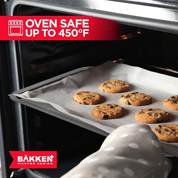 BAKKEN Kitchen Baking Pans - Nonstick Gray Coating, 13.18’’ × 8.66’’ Commercial Grade Carbon Steel Cookie Sheet, Baking Kitchen Essentials, PFOA, PFOS, PTFE Free, Oven Safe Tray (450° F), Gray