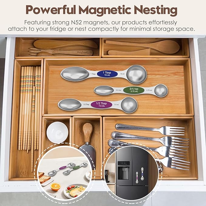 Magnetic Measuring Spoons Set of 8 - Heavy Duty 304 Stainless Steel, Triple Measurement Markings, Strong N52 Magnets, Easy to Clean, Space-Saving with Leveler Included (Colorful)