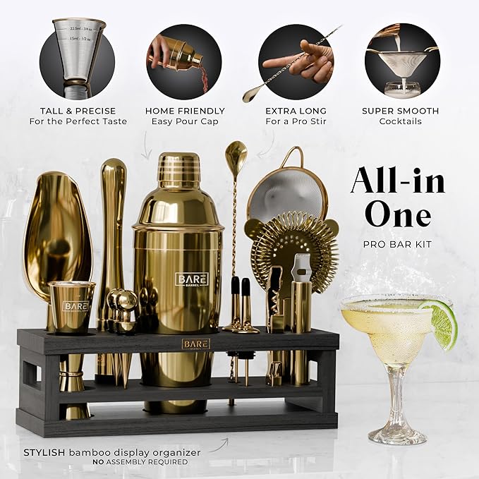 BARE BARREL® Mixology Bartender Kit Bar Set | 16-Piece Cocktail Shaker Set | Martini Barware Mixing Tools for Home Bartending | Incl. 35 Recipe Cards | Gift Set (24oz Cobbler Shaker, Gold/Black)