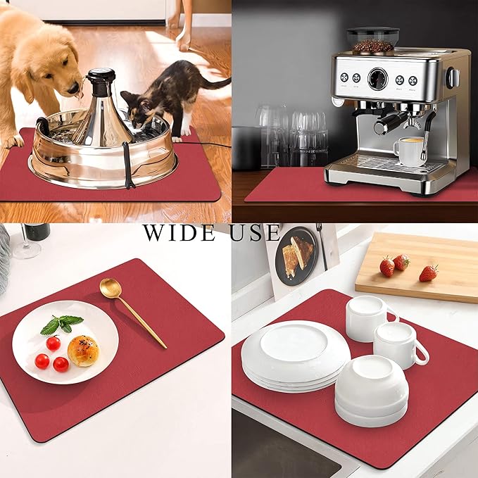 Coffee Mat for Countertops ,Coffee Bar Accessories Fit Under Coffee Maker Espresso Machine, Absorbent Hide Stain Rubber Mat for Countertop ,Dish Drying Mat for Kitchen Counter (Red, 16"x24")