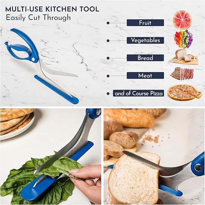 Loftern Blue Pizza Scissors - Non-Stick Pizza Scissors with Firm Grip Base - Food Grade Stainless Steel Pizza Cutter - 5-in-1 Food Slicer & Pizza Server - Durable, Safe & Mess Free
