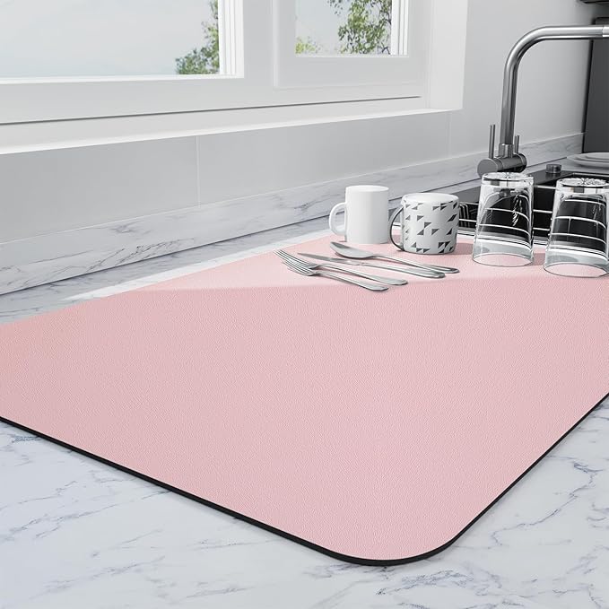Ecotrim - Dish Drying Mat for Kitchen Counter | Coffee Bar Mat for Countertops | Heat Resistant Drainer Mat with Non-slip Rubber Backed | Hide Stain Kitchen Absorbent Draining Mat | Pink 18"x32"