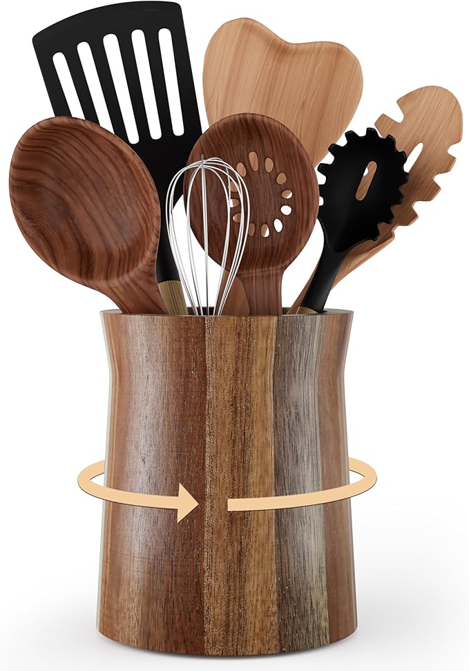 Utensil Holder, Acacia Wood Utensil Holder for Kitchen Counter, 360° Rotating Cooking Utensil Crocks for Countertop, 7.2" Large Utensil Organizer for Spatula Storage