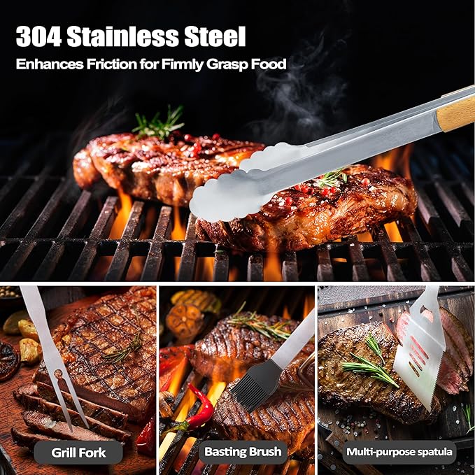 Uncle Gifts, Uncle Gift from Niece Fathers Day Heavy Duty Wooden BBQ Grilling Accessories Kit for Backyard, Thick Stainless Steel Grill Utensils with Non-Slip Handle Tools in Portable Bag Father's Day