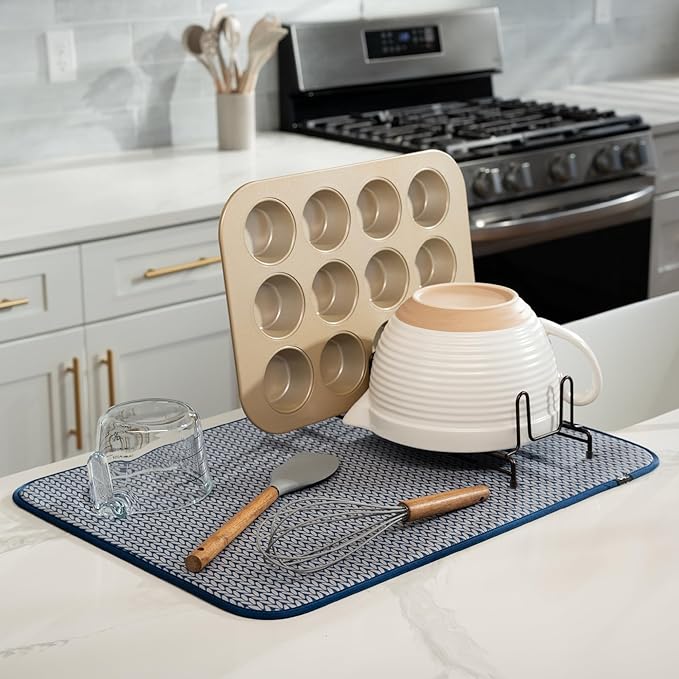 S&T INC. Dish Drying Mat XL, 18” x 24”, Absorbent Microfiber Kitchen Counter Mat, Dish Drying Pad for Dishes, Utensils, Pots and Pans, Extra Large, Blue Stockinette