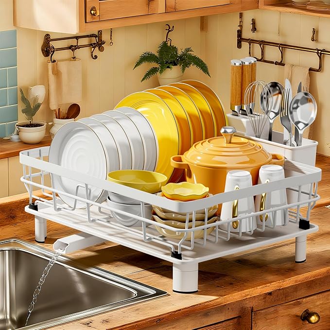 MOUKABAL Dish Drying Rack, Dish Rack, Stainless Steel Dish Racks for Kitchen Counter, Dish Drainer with Removable Utensil Holder, Drainboard (White,13''W x 17''L)