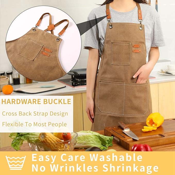 Tosewever Canvas Cross Back Chef Cotton Aprons for Men Women with Large Pockets