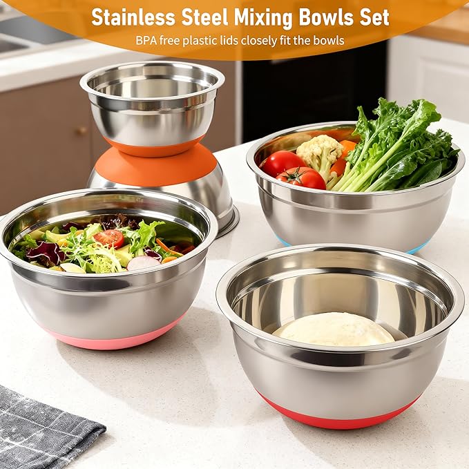 CHAREADA Mixing Bowls with Airtight Lids, 18pcs Stainless Steel Nesting Mixing Bowls Set Non-slip Silicone Bottom, Size 4.5, 3.6, 2.7, 2.1, 1.7, 1.1, 0.7 qt, Fit for Mixing & Serving(Colorful)