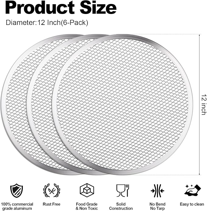 Pizza Pan Set of 3pcs, Aluminum Pizza Screen, Metal Pizza Tray for Oven Kitchen Baking Home Restaurant, Dishwasher Safe (12inch-6pcs)