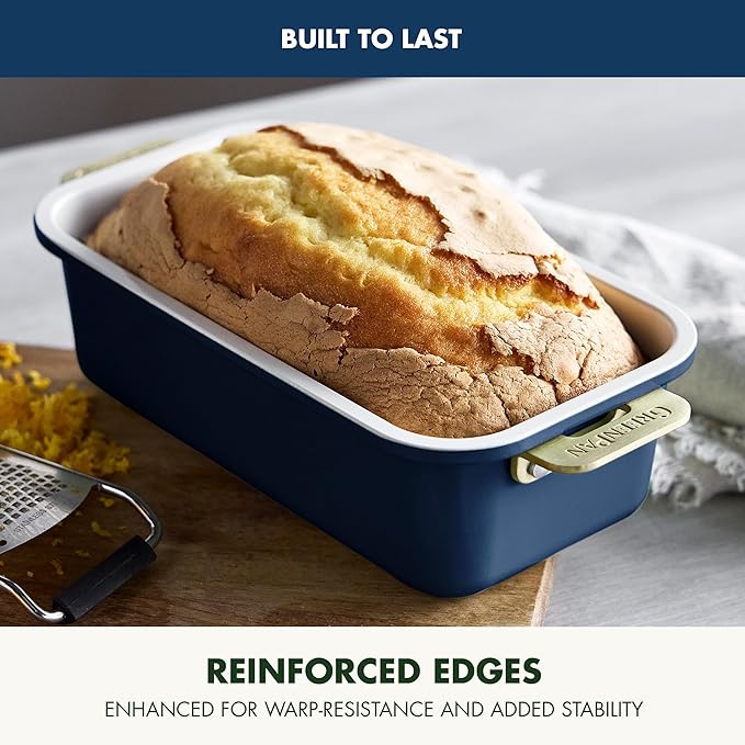 GreenPan Bakeware Set, 7 Piece Nonstick Ceramic Gold Handle Baking Sheets, Cake Pans, Loaf Pan, Muffin Tin, Cooling Rack, PFAS & BPA Free, Freezer to Oven Dish, Bake & Roast Ovenware, Oxford Blue