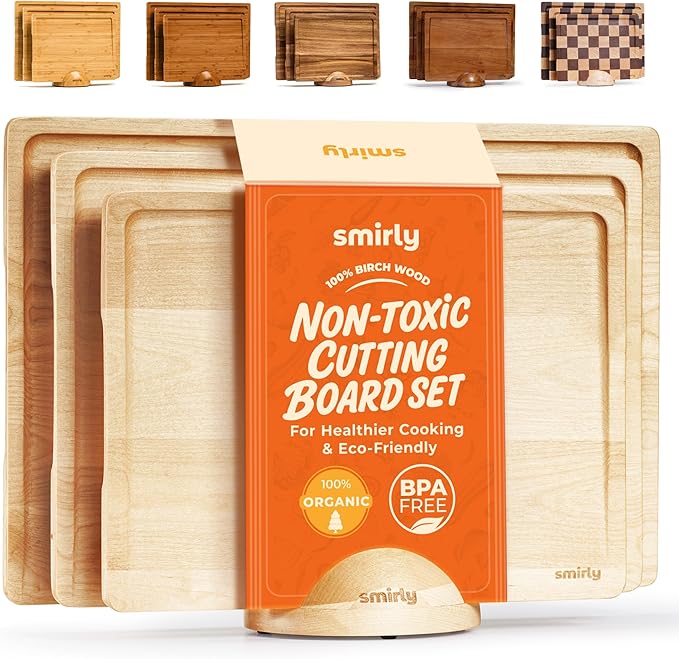 SMIRLY Wood Cutting Boards for Kitchen Wooden Chopping Board Set Reversible with Deep Juice Grooves Grip Handles, Large Charcuterie Tray for Home Kitchen, Natural Birch, 3Pcs with Holder
