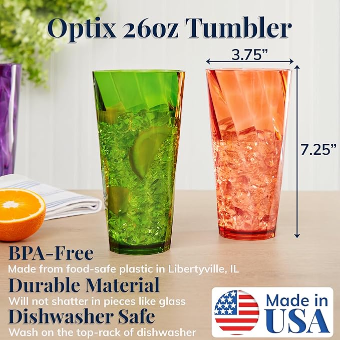 US Acrylic Optix Plastic Reusable Drinking Glasses (Set of 8) 26oz Iced-Tea Cups in Jewel Tone Colors | BPA-Free Tumblers, Made in USA | Top-Rack Dishwasher Safe