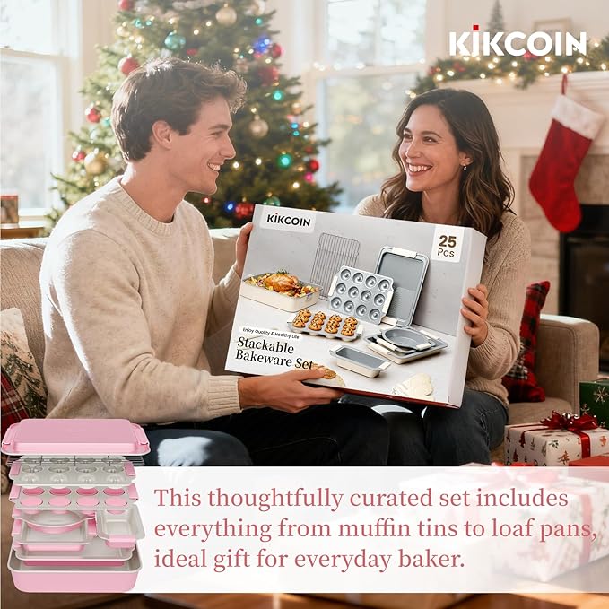 Kikcoin 25 PCS Stackable Baking Pans Set, Non-stick Bakeware Sets with Silicone Handles, 450°F Oven Safe Cookie Sheets for Baking, Easy Release Heavy-duty Baking Sheets Non Stick, Pink