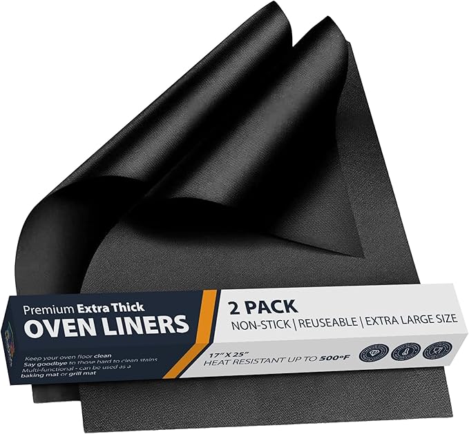 Oven Liners for Bottom of Oven - 2 Pack Large Heavy Duty Mats, 17”x25” Non-Stick Reusable Liner for Electric, Gas, Toaster Ovens, Grills - BPA & PFOA Free Kitchen Accessory to Keep Oven Clean (Black)