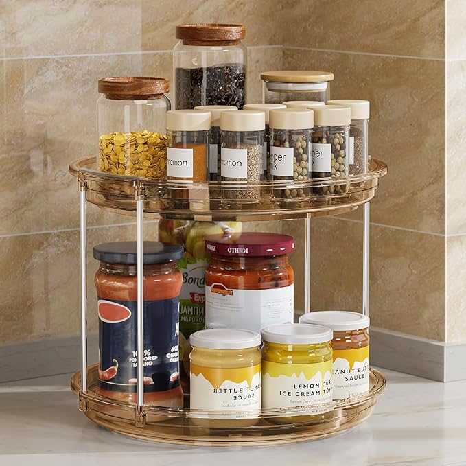 LAMU 2 Pack 2 Tier Lazy Susan Turntable Organizer 9.25'' Rotating Spice Rack Organization for Cabinet, Kitchen, Pantry, Countertop, Bathroom, Vanity, Medicine Cabinet Organizer, Amber