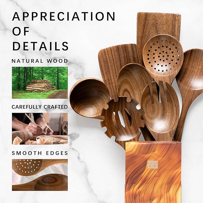 Wooden Spoons for Cooking, Nonstick Cooking Utensil Set with 8 Piece Acacia Wooden Spatulas and Spoons for Cooking, Terrific for Everyday Kitchen Tasks