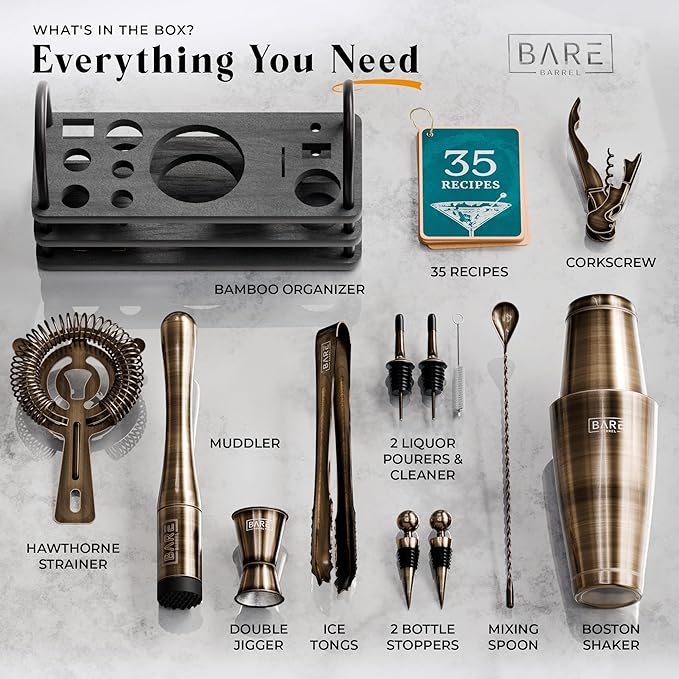 BARE BARREL® Mixology Bartender Kit Bar Set | 14-Piece Cocktail Shaker Set | Martini Barware Mixing Tools for Home Bartending | 35 Recipe Cards | Gift Set (28oz Boston Shaker, Brass/Black)