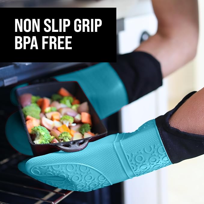 BPA-Free Soft Silicone Oven Mitts - Ultra Heat Resistant Oven Mitts with Thick Cotton Liner - Extra Long Slip Resistant Pot Holders, Flexible Oven Gloves - Aqua/Black 14.7"
