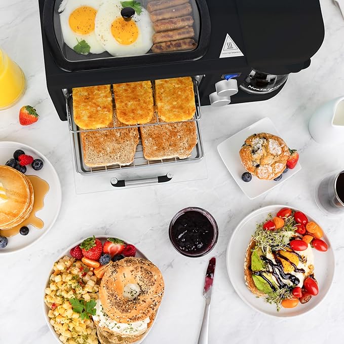 Nostalgia 3-in-1 Retro Breakfast Station - Includes 5 Cup Coffee Maker, Non-Stick Ceramic Griddle, and 4-Slice Toaster Oven - Built-In Timer, Reusable Coffee Filter, Space-Saving Design - Black