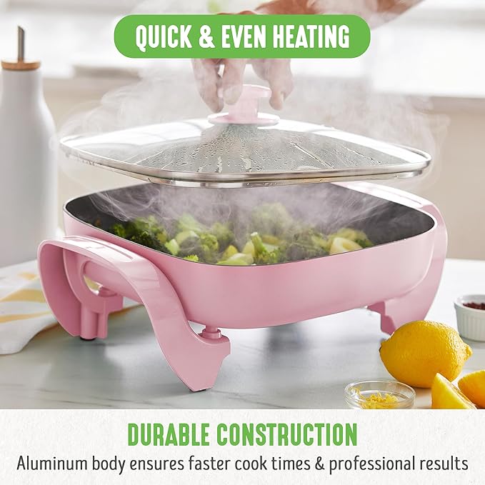 GreenLife12" 5QT Square Electric Skillet, Glass Vented Lid, Ceramic PFAS-Free Nonstick Coated Interior, Adjustable Temperature Control, Cool Touch Handles, Quick Even Heating, Scratch Resistant, Pink
