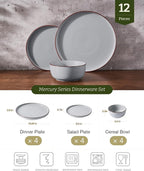 Famiware Mercury Plates and Bowls Sets, 12 Pieces Stoneware Dinnerware Sets, Dishes Set for 4, Microwave and Dishwasher Safe, Light Grey