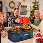 Double Slow Cooker, Buffet Servers and Warmers, Dual 2 Pot Slow Cooker Food Warmer, Adjustable Temp Dishwasher Safe Removable Ceramic Pot Glass Lid, 2 x 1.25 QT Portable Small Crock Cooker,Blue