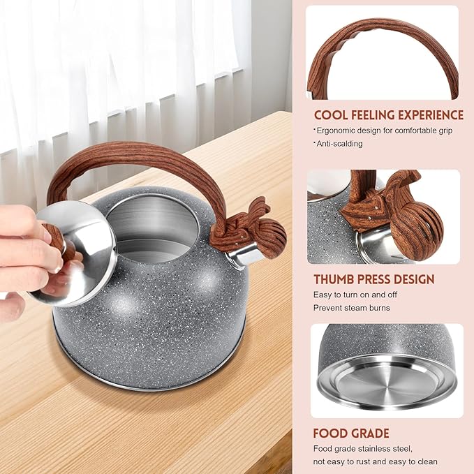 GGC 2.7QT/3L Whistling Tea Kettles for Stove Top, Stainless Steel Tea Kettle with for Boiling Water Milik or Coffee, Starry Gray Tea Pots with Wooden Anti Heat Handle