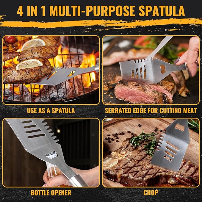 BBQ Grilling Accessories, 16-Inch Stainless Steel BBQ Grill Tools Set for Men, Heavy Duty Grilling Accessories Kit for Camping, Kitchen, Extra Thick Barbecue Utensil