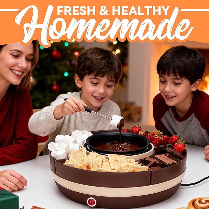 JoyMech Cheese & Chocolate Fondue Machine, Candy Melting Pot for Party, Electric Fondue Pot Set, Chocolate Warmer, Hot Chocolate Maker, 4-Section Food Tray, Brown