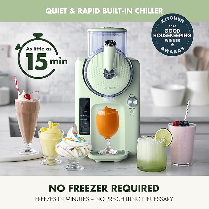 GreenPan Frost Ice Cream Maker & Slushie Machine, Soft Serve, Sorbet, Margaritas, Milkshakes, Frozen Yogurt, No Pre-Freezing, Ready in 15 Mins, 6 Modes, 7 Textures, Self-Cleaning, Family Size, Green