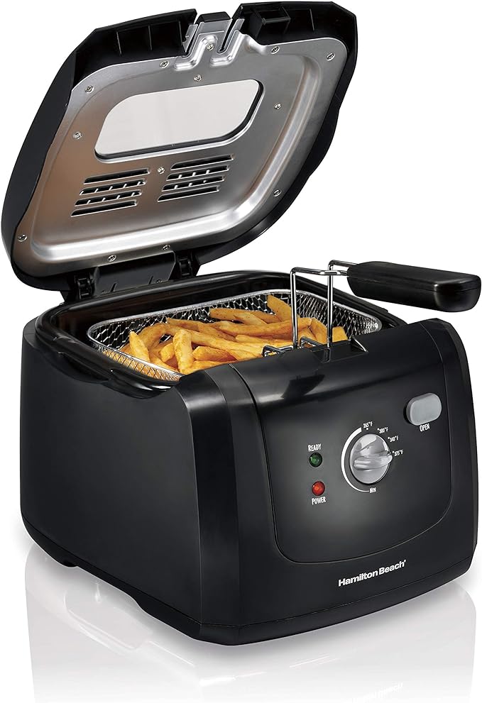 Hamilton Beach Cool Touch Electric Deep Fryer with Basket and Lid, 2 Liters / 8 Cups Oil Capacity, Adjustable Temperature, 1500 Watts for Fast Heat-up, viewing Window Easy to Clean, Black (35021)