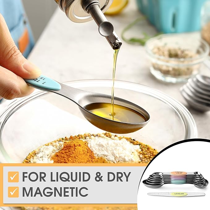 Spring Chef Stainless Steel Magnetic Measuring Spoons Set of 8 with Leveler, Metal Teaspoon & Tablespoon Measuring Spoons for Dry and Liquid Ingredients, Kitchen Gadgets for Baking & Cooking - Pastel