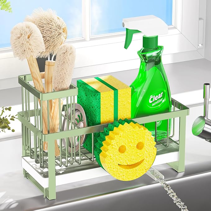 Sponge Holder for Kitchen Sink,Sink Caddy with Removable Dish Brush Holder,Self-Draining Kitchen Countertop Organizers and Storage Essentials,Soap Dispenser Organize and Home Decor-Green