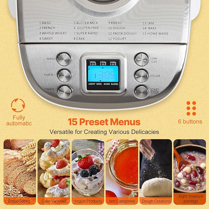 VEVOR Bread Maker, Dough Machine 15 Menus in 1, Non-Stick Ceramic Pan Automatic Breadmaker with Non-Gluten Setting, Whole Wheat Bread Making, Digital, Programmable, 3 Loaf Sizes, 3 Crust Colors, White