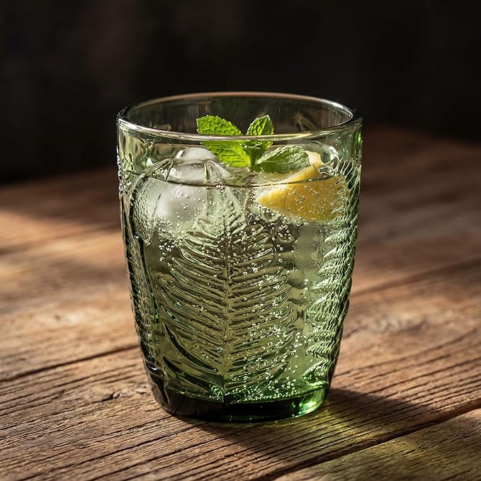 Vintage Green Drinking Glass, 10 oz Hand-Pressed Deep Textured Glass Cup, Fern Embossed Retro Glassware, Decorative Tumbler for Water, Cocktails & Juice, Boho Colored Kitchen Drinkware, Unique Gift