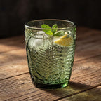 Vintage Green Drinking Glasses Set of 8 - 10 oz Hand-Pressed Deep Textured Glass Cups, Fern Embossed Retro Vintage Glassware, Decorative Cocktail Tumblers for Home & Bar, Colored Drinkware Gift Set