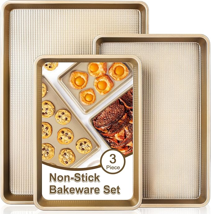 Baking Sheet Pan Set of 3 | Nonstick Cookie Sheets for Baking Supplies | No Rust & No Toxic Carbon Steel Half Sheet Pan+Jelly Roll Pan+Quarter Sheet Pan Set | Heavy Duty Baking Tray for Oven