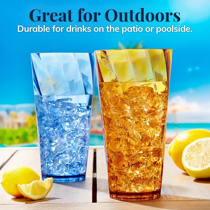US Acrylic Optix Plastic Reusable Drinking Glasses (Set of 8) 26oz Iced-Tea Cups in Jewel Tone Colors | BPA-Free Tumblers, Made in USA | Top-Rack Dishwasher Safe