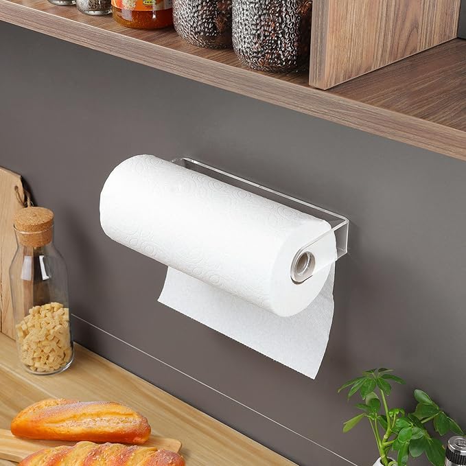 ZUNTO Acrylic Paper Towel Holder - Adhesive Paper Towel Roll Holder Under Cabinet, Clear Plastic Wall Mounted Paper Towel Rack for Kitchen, Frees up Counter Space