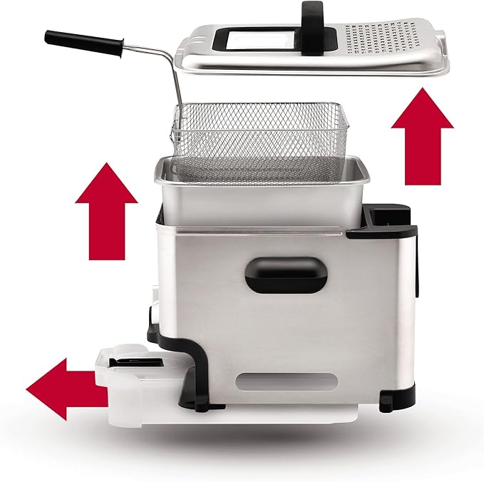 T-fal 3.5L Stainless Steel Deep Fryer with Basket for Home Use, 1700W, Deep Fryer with Oil Filtration, Temp Control, Digital Timer