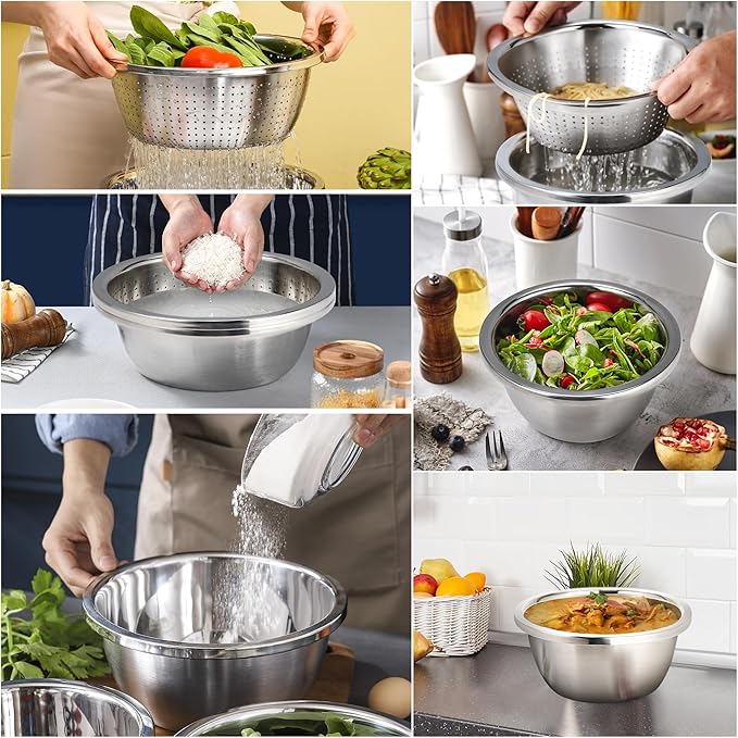 Colander 304 Stainless Steel 4-quart with Mixing Bowls, Strainer for Kitchen Food For washing vegetables, fruit, rice, Dishwasher Safe. (2PC)