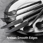 KINGSTONE 24 Pcs Black Hammered Silverware Set with Steak Knives for 4, 18/10 Stainless Steel Heavy Duty Flatware Set, Tableware Cutlery Utensil Sets for Home Restaurant Dishwasher Safe
