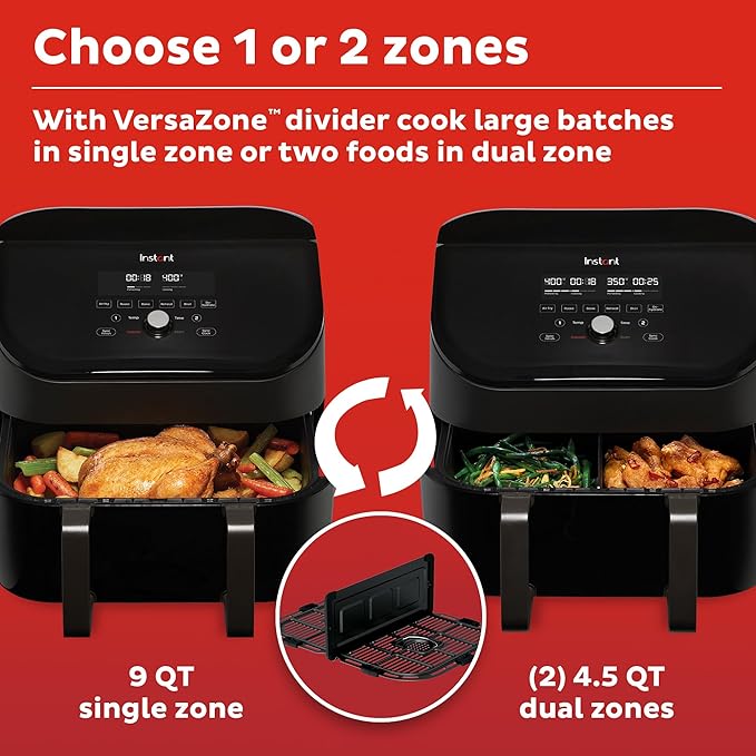 Instant Pot VersaZone 9QT Air Fryer,8-in-1 Functions with EvenCrisp Technology, Crisps,Broils, Bakes,Roasts, Dehydrates,Reheats at Same or Different Temperature, from the Makers of Instant Pot, Black