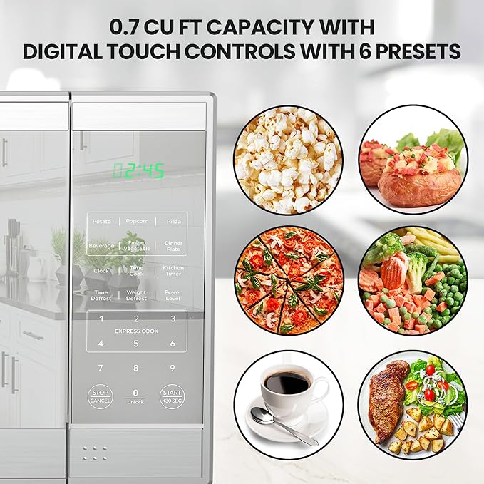 Total Chef 0.7 Cu Ft Microwave Oven – Compact Countertop Microwave, Small Stainless Steel Kitchen Appliance with Digital Touch, Pre-Set Functions, 10” Turntable, 700 Watt, Microondas Pequeños