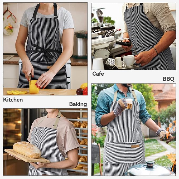 NLUS 2 Pcs Kitchen Cooking Aprons, Poly/Cotton Blend Adjustable Soft Bib Stripe Aprons with 2 Pockets for Women Men Chef (Blue Pinstripes/Black Pinstripes)