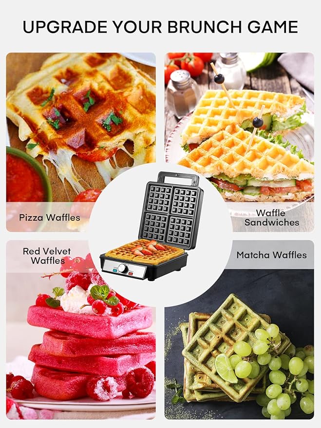 1200W Belgian Waffle Maker 4-Slice, Stainless Steel, 5 Browning Levels, Non-Stick Surfaces, Silver/Black, FOHERE - Perfect for Family Breakfasts (Black)